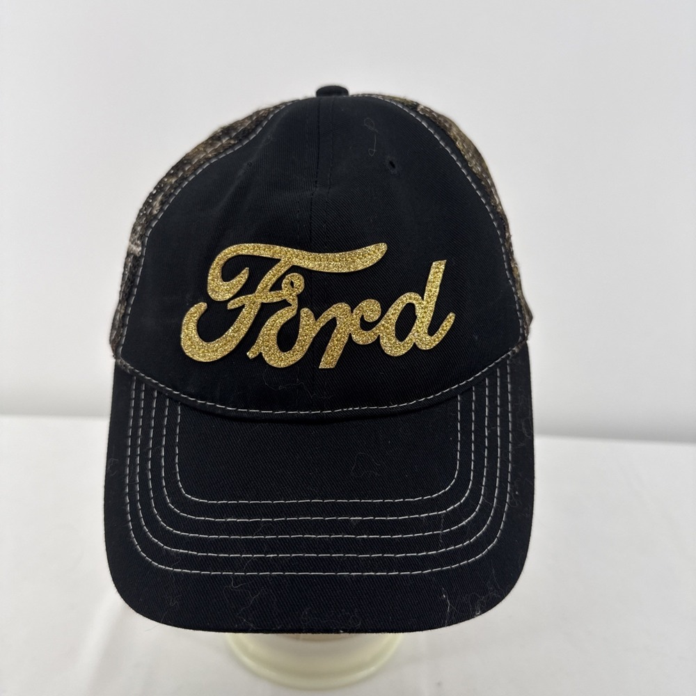 Ford Glitter Script Women's Trucker Hat Black Camo Mesh Adjustable Baseball Cap